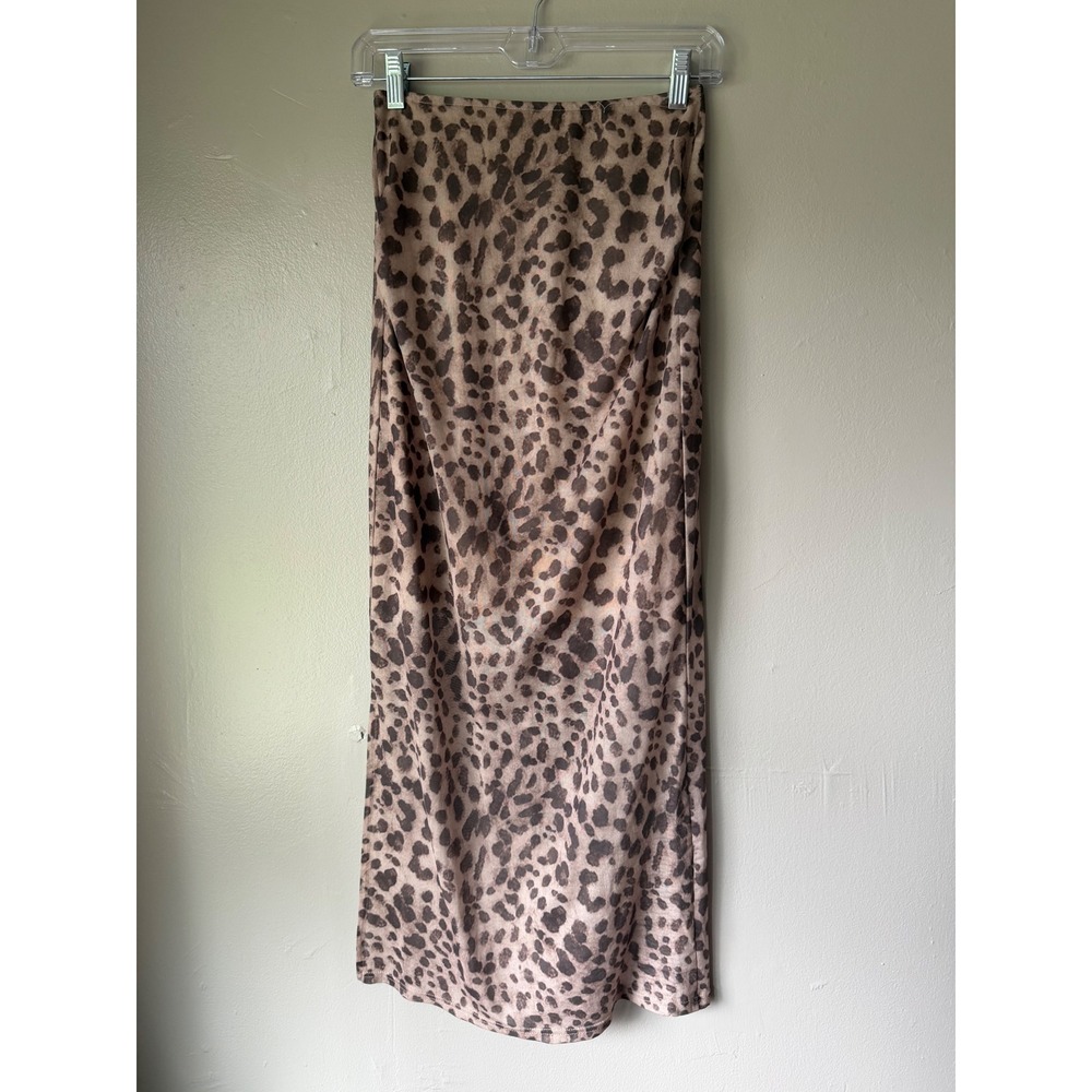 SHEIN Leopard Print Mesh Maxi Skirt Brown Tan Animal Print Side Slit XS